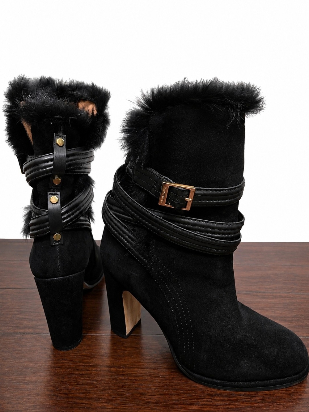 Louise et Cie Suede Rabbit Fur Boots 7 Black Wrap Strap Moto Winter Heels
